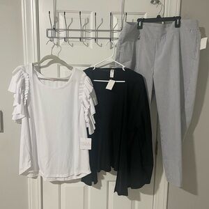 White Ruffle Sleeve Top and Black Cardigan Set with premise 3x stretchy pants